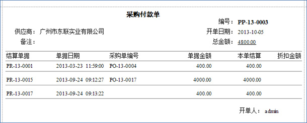 布匹采购付款单打印报表