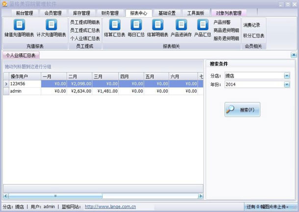 蓝格美容院管理软件个人业绩汇总，美容院软件个人业绩功能，蓝格软件